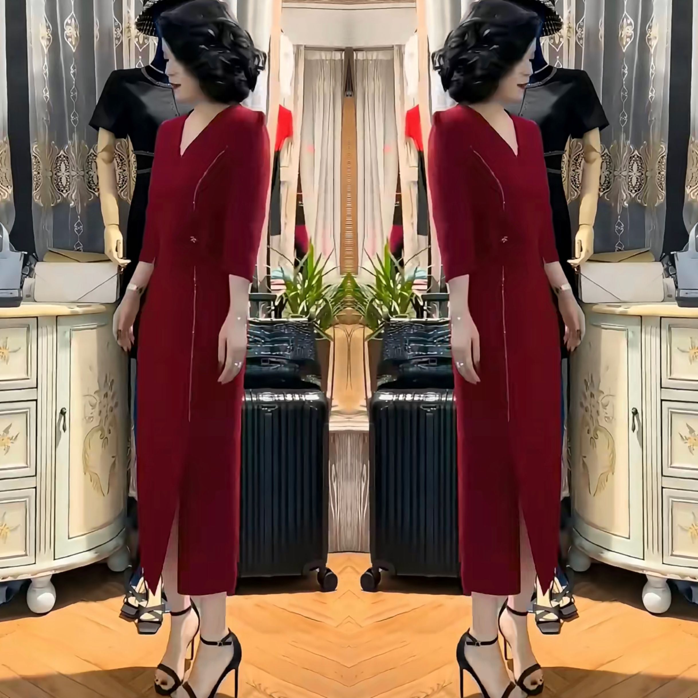 显瘦纯色长款V领开叉连衣裙女