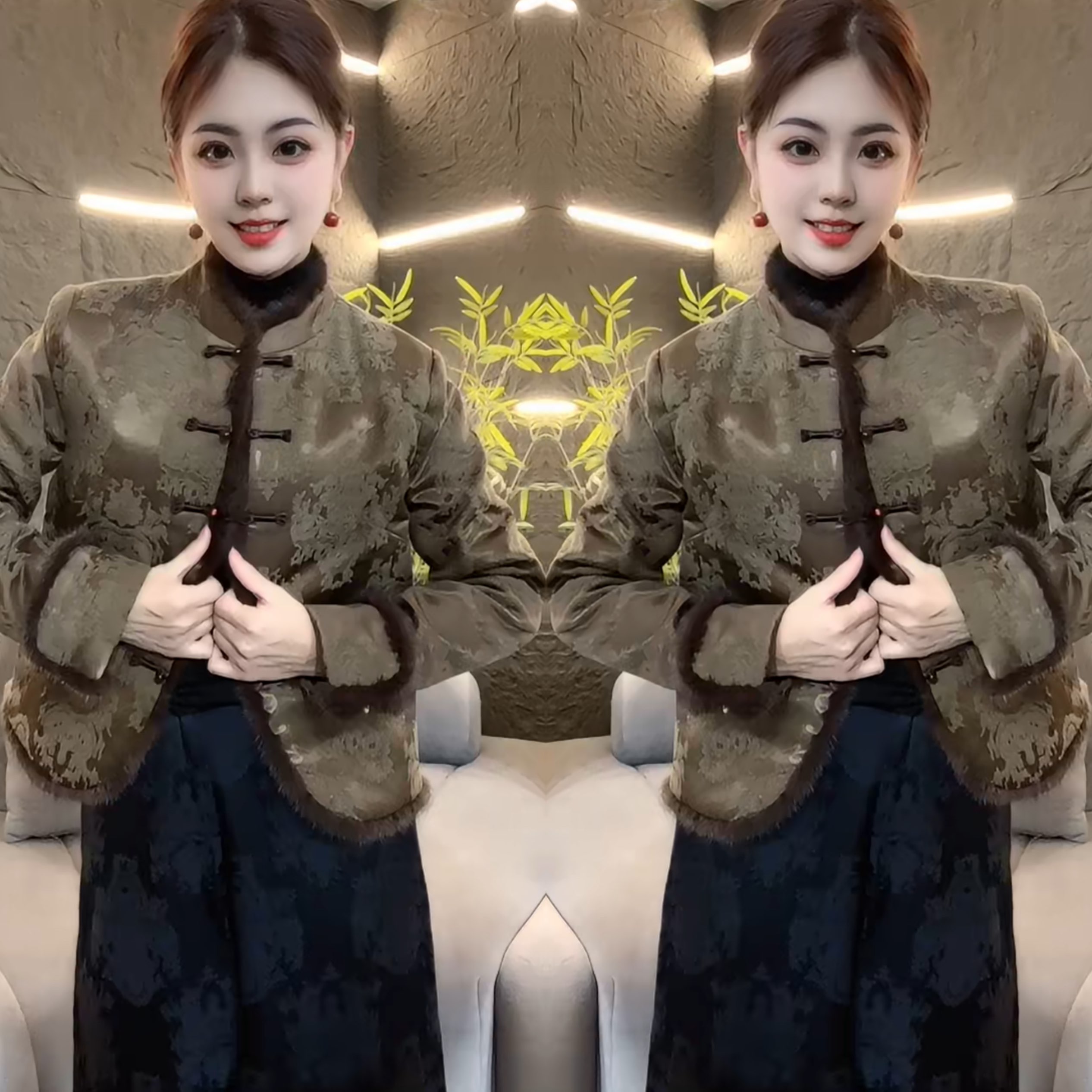 复古毛毛边盘扣提花长袖遮肉外