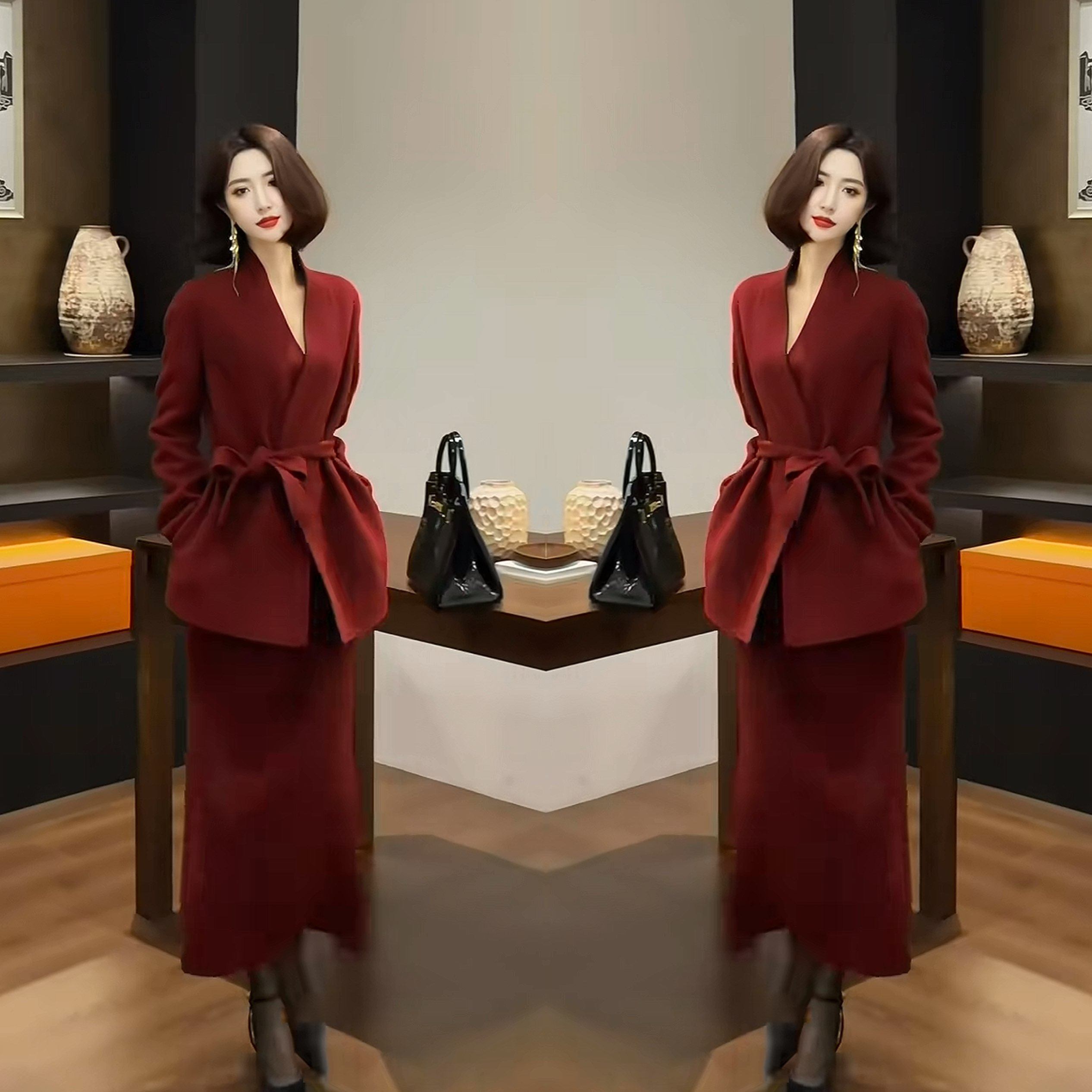 网红爆款高级感洋气女神范红色收腰毛呢轻奢收腰套装裙外套半身裙,女装/女士精品,上衣,淘宝优惠券,粉丝福利购,淘宝优惠卷