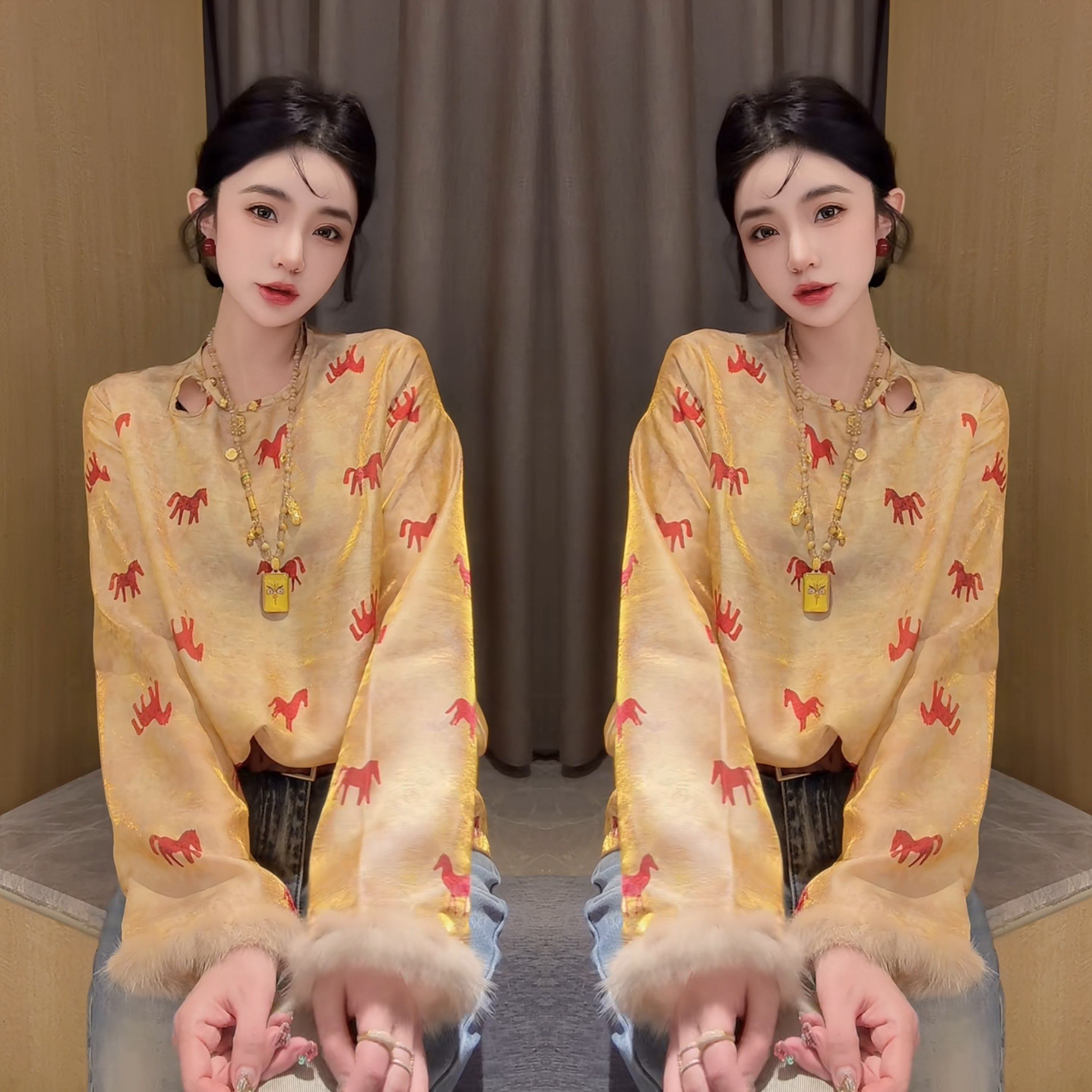 轻熟风网红爆款洋气减龄时髦洋气复古印花长袖毛毛袖百搭遮肉小衫,女装/女士精品,上衣,淘宝优惠券,粉丝福利购,淘宝优惠卷