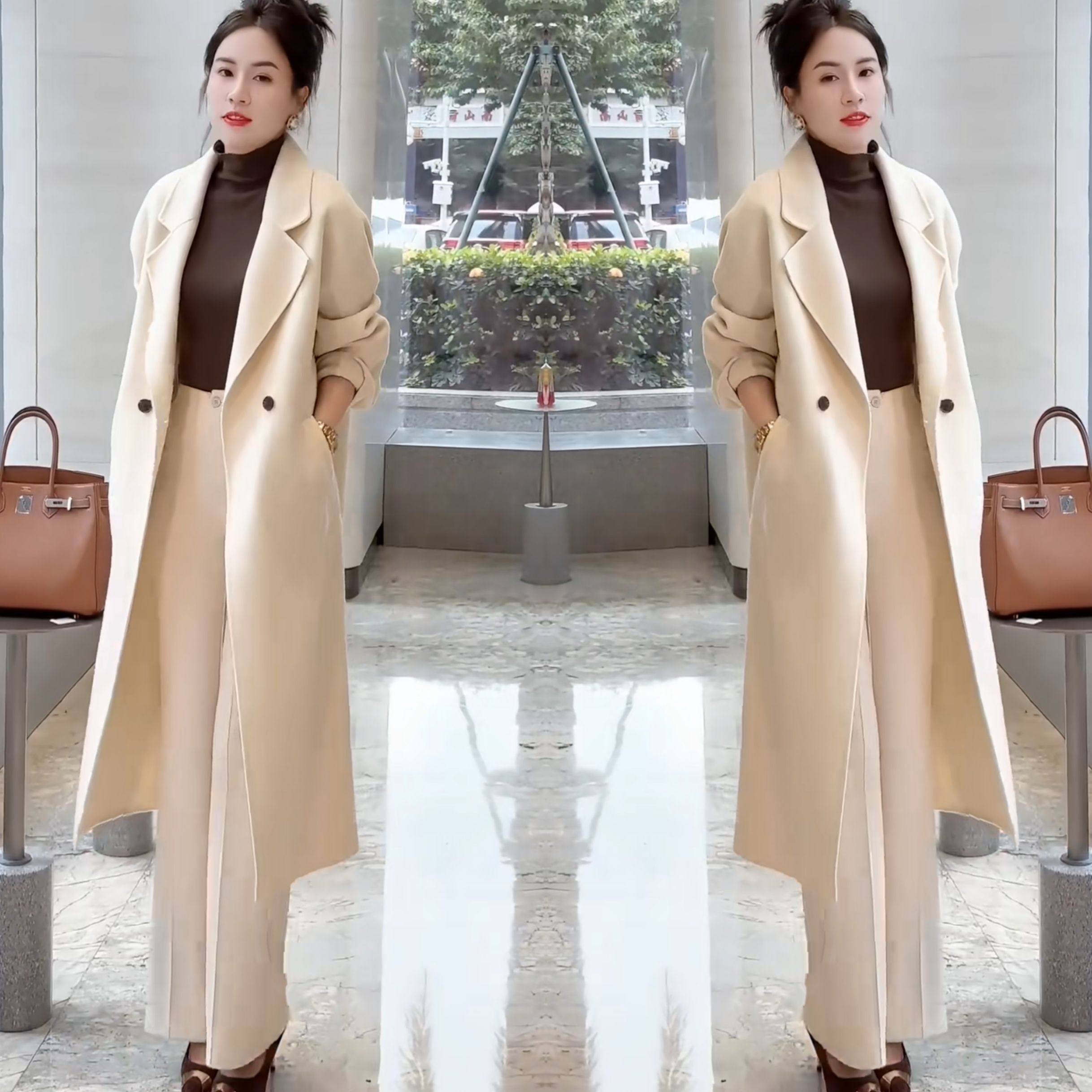 网红爆款简约时髦冬季新款毛呢设计过膝长款翻领风衣外套搭配裤子,女装/女士精品,风衣,淘宝优惠券,粉丝福利购,淘宝优惠卷