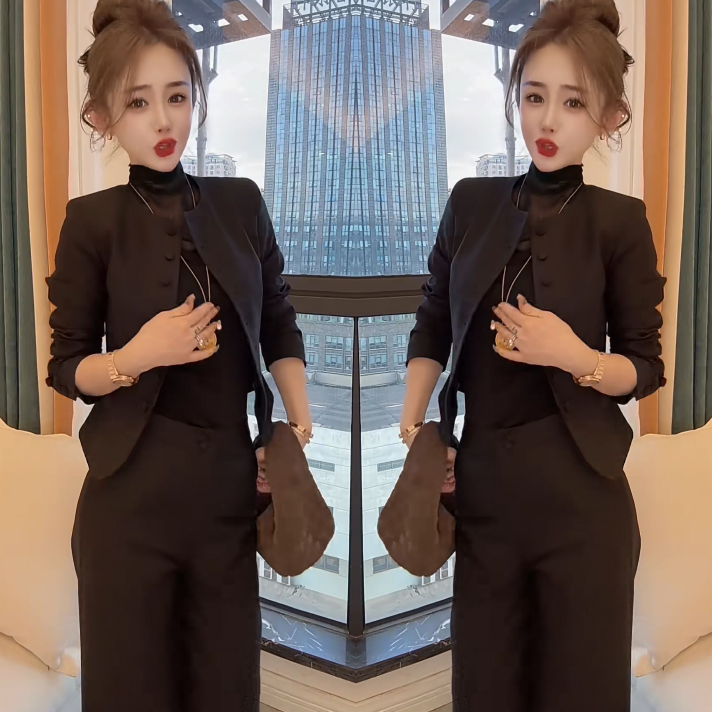 韩版西服两件套单排扣外套裤子