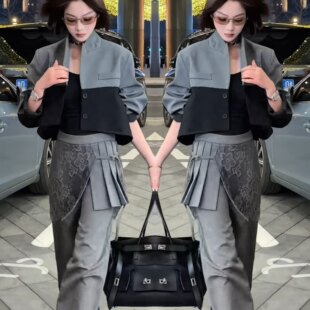 拼色宽松西装 抖音炸街爆款 时尚 洋气韩版 子 外套搭配高腰蕾丝屁帘裤