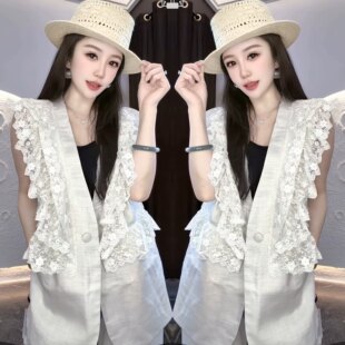 欧韩网红爆款时髦洋气女神范减龄气质休闲夏季蕾丝边拼接马甲裤子