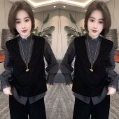 高级穿搭秋季 上衣搭配V领丝绒马甲 衬衫 复古时尚 洋气显瘦花边长袖