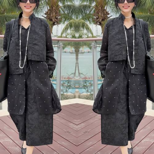 简约三件套波点衬衫提花马甲裤子