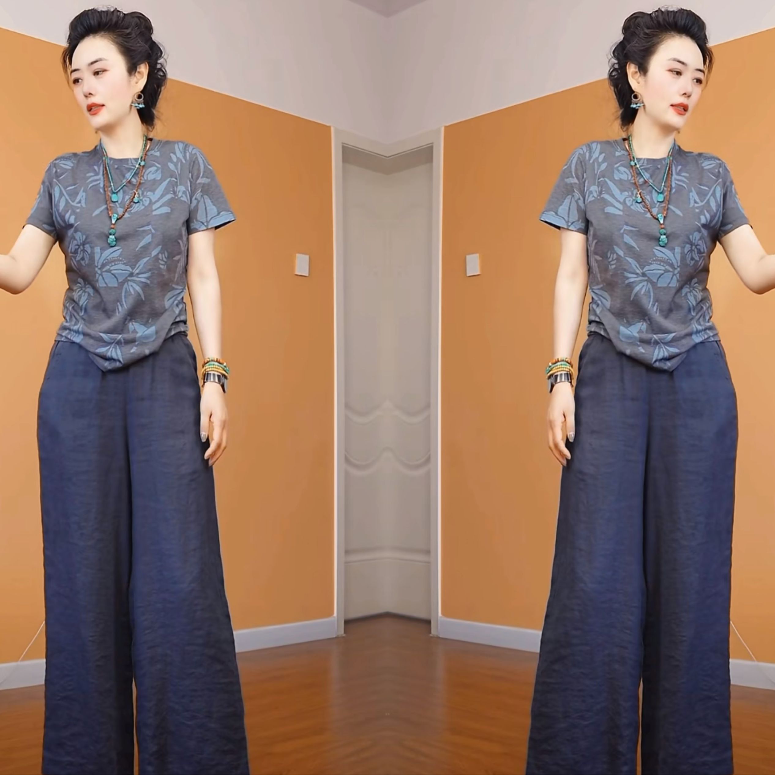 两件套短袖复古打底衫搭配裤子