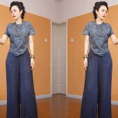 简约休闲潮流女装 新款 气质两件套短袖 复古打底衫 子 时尚 搭配裤 夏季