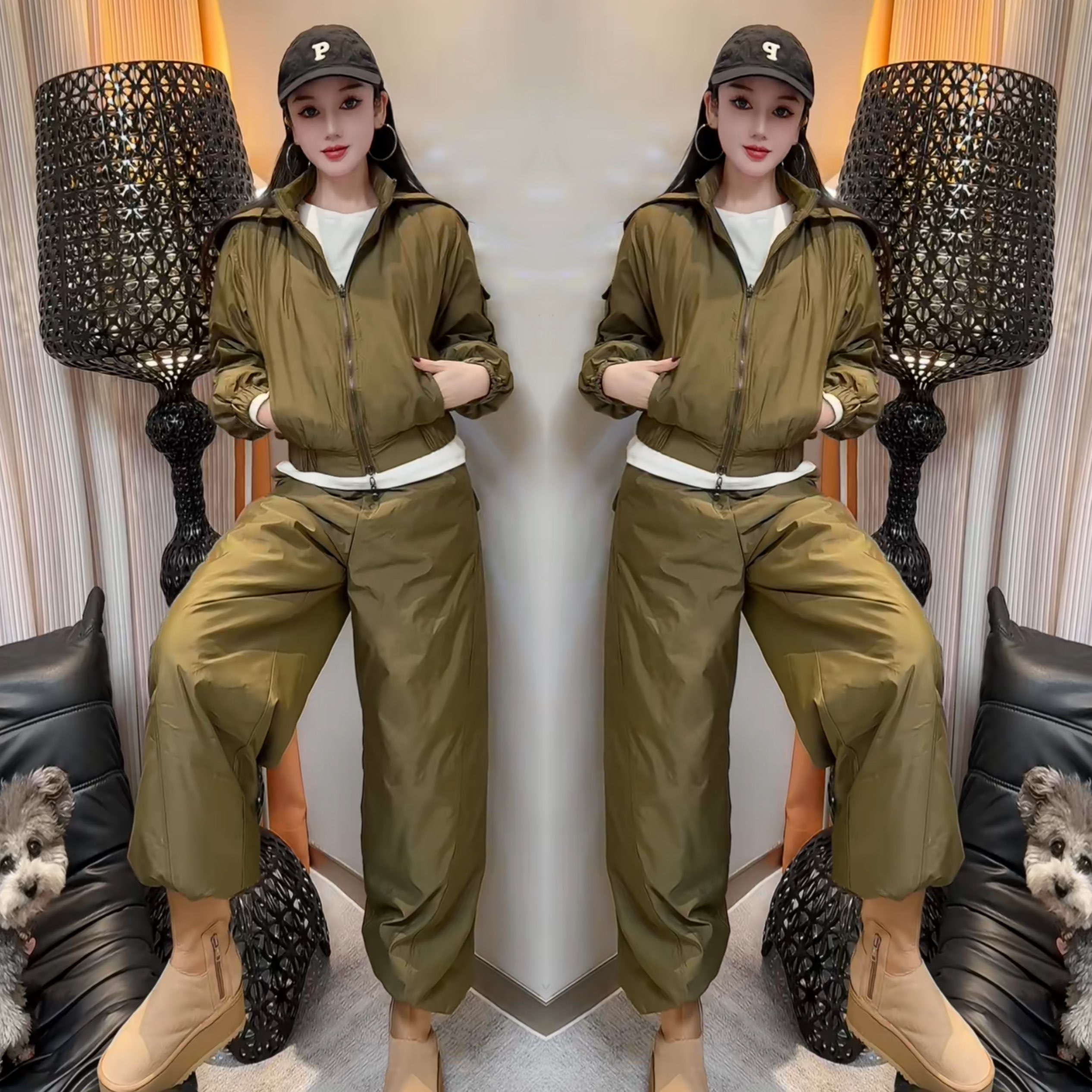 纯色保暖时尚两件套外套搭配裤子