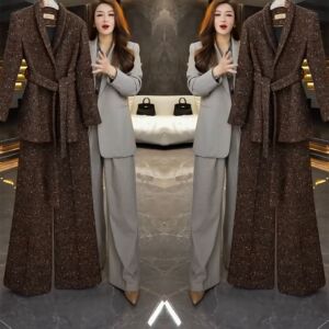 名媛风爆款女士套装2023年冬季新款气质长袖收腰系带上衣高腰裤子