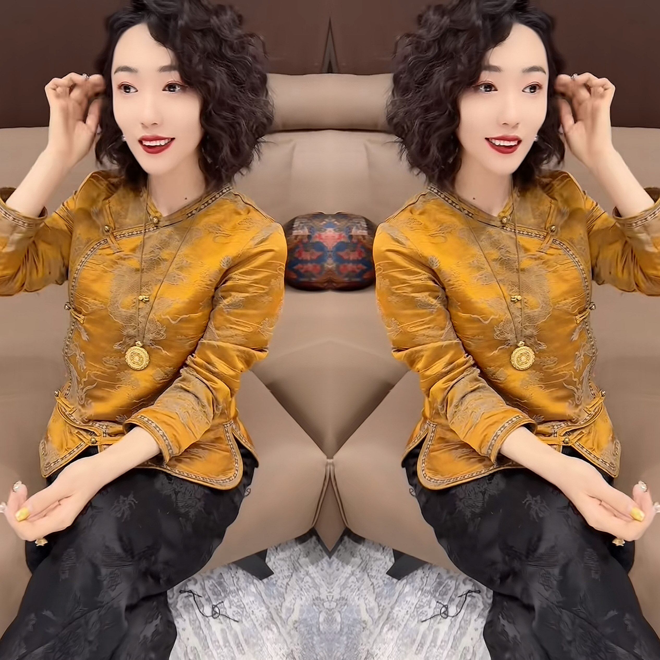 复古女装贵气时髦新中式洋气韵味黄色提花长袖显瘦新款小衫九分裤