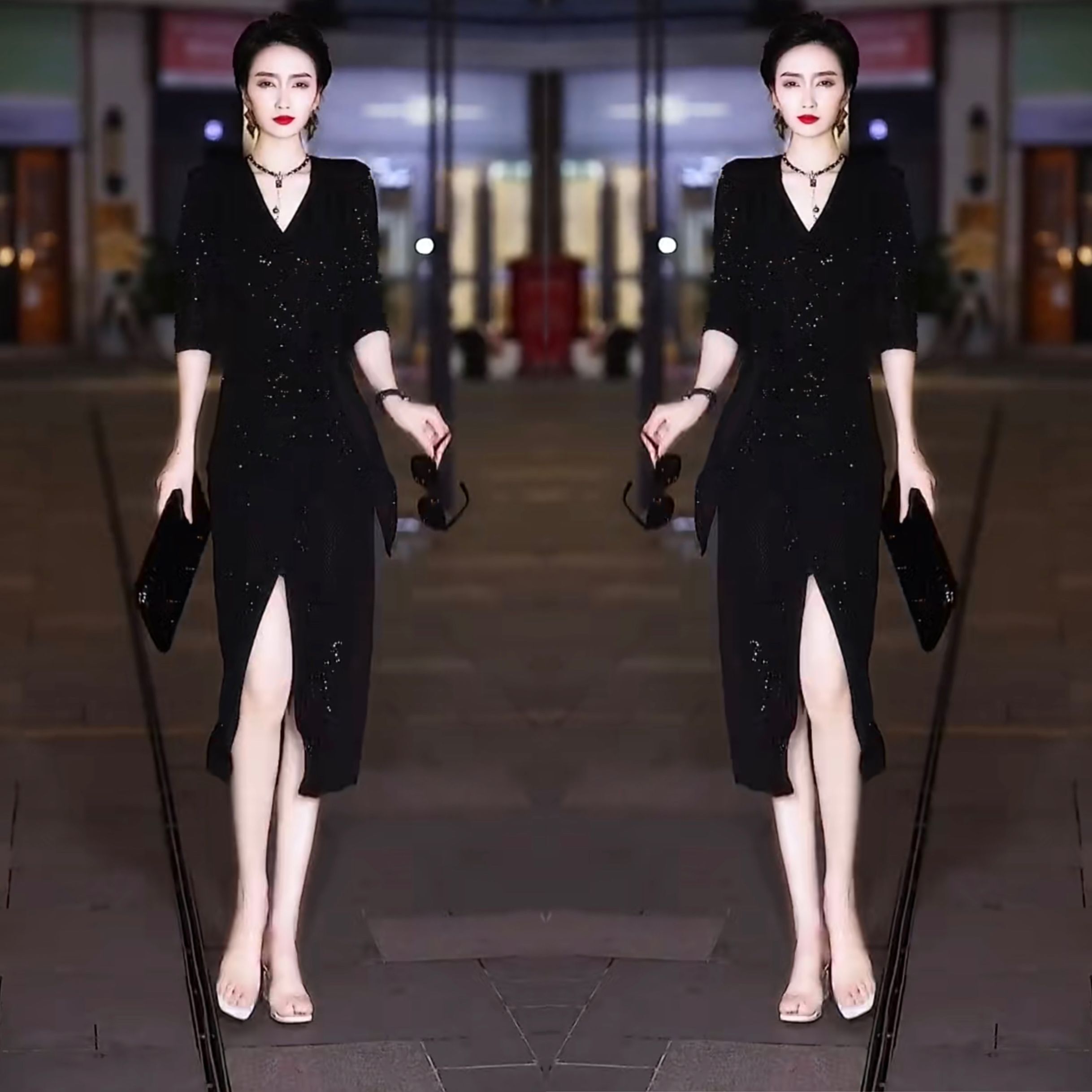 洋气时尚修身显瘦V领连衣裙潮