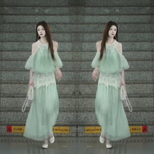 温柔风韩版休闲气质女神范洋气夏季蕾丝边宽松网纱漏肩上衣半身裙