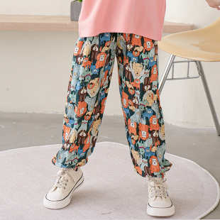 女童防蚊裤男童棉绸裤子夏季薄款儿童长裤夏天女孩人造棉束口睡裤