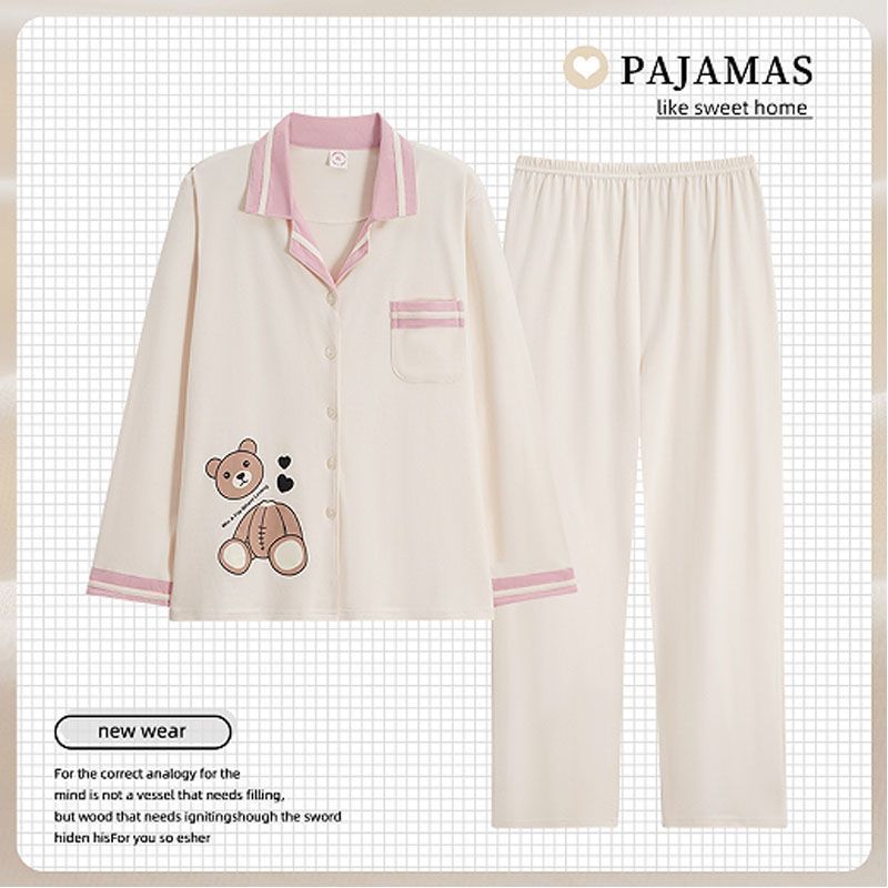 春秋季睡衣女100%全甜美简约卡通ins风家居服套