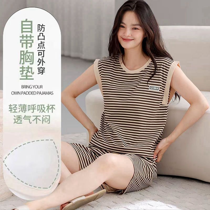 带胸垫睡衣女夏季无袖背心短裤两件套宽松大码学生家居服