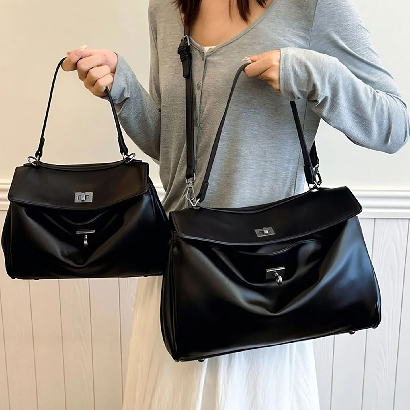 黑色软皮托特包女大容量通勤单肩包锁扣设计手提包,箱包皮具/热销女包/男包,通用款女包,淘宝优惠券,粉丝福利购,淘宝优惠卷