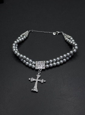 双层灰色珍珠项链潮镶钻十字架复古珍珠链情侣小众女锁骨链R22201