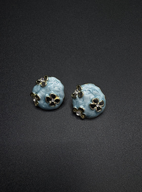 Vintage古著蓝色珐琅花朵耳钉