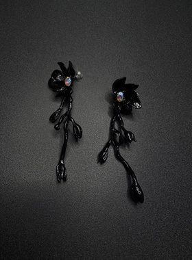 New Vintage古著设计感Vintage古早风黑色花朵耳饰