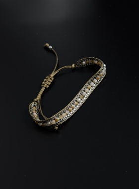 欧美跨境简约波西米亚风度假白色编绳嵌水晶推拉手链P12353