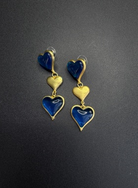 Vintage古著法式复古个性氛围感时髦蓝色爱心耳环轻奢耳饰R112755