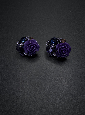 Vintage古著设计感古早风镶钻花朵紫色韵味耳钉