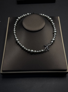 渐变蝴蝶结灰色珍珠项链轻奢高级感毛衣链锁骨链小清新B50910