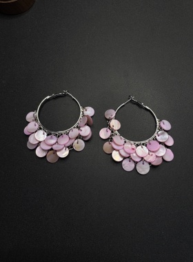 Vintage古著粉色贝壳流苏耳环夏日海边度假风夸张气质耳饰R71859