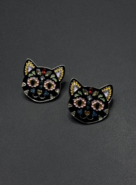 个性复古轻奢小猫咪黑色钻耳钉女可爱百搭耳环学生耳环P12055