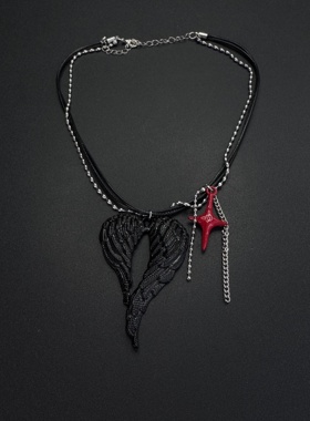 Vintage古著暗黑系朋克双色串珠拼接情侣磁吸翅膀爱心项链B121552