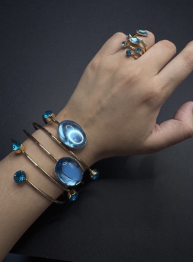 Vintage古著小众波斯蓝复古中古风多层缠绕手镯戒指套装B91653