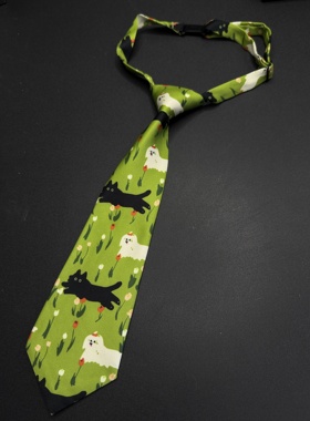 Vintage古著复古个性小众领带免打短小猫郁金香绿色条纹R112151