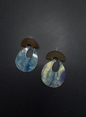 Vintage古著绝美蓝色细闪半圆吊坠耳环女清冷气质夸张耳钉R91958