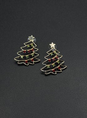 野心家原创鎏金彩色锆石镂空圣诞树耳钉甜美精致耳环耳饰p10559