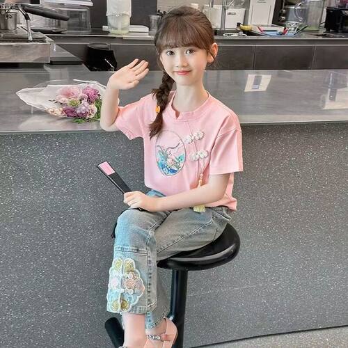 中国风女童短袖T恤套装25夏新洋气新中式中大童九分牛仔裤两件套