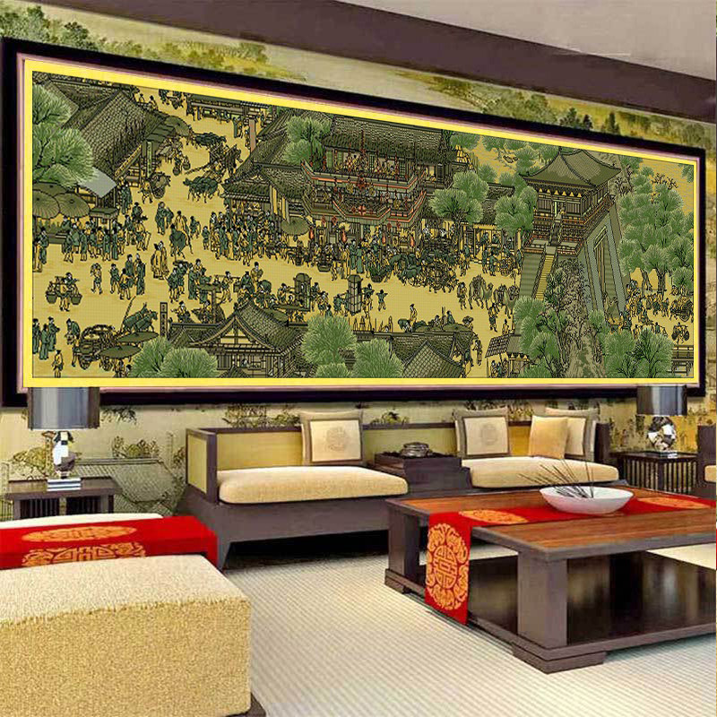 中式名画清明上河图古绢布3米大图十字绣客厅线绣山水风景画手工