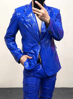 镜面反光亮皮衣西装男夜店演出服车模健美走秀肌肉男夹克外贸大码