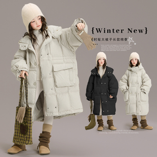 韩国长款羽绒棉棉衣2025冬季新款女童高端时尚大被子黑色连帽棉服