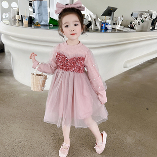 女童艾沙公主裙春秋款2025新款粉色加绒红色礼服连衣裙假两件重工