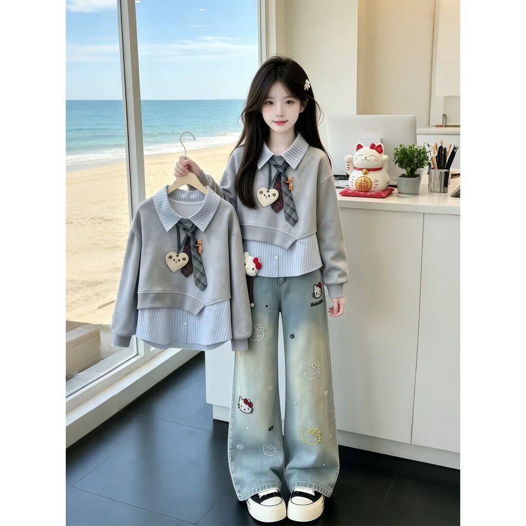 女童春秋洋气假两件卫衣牛仔套装