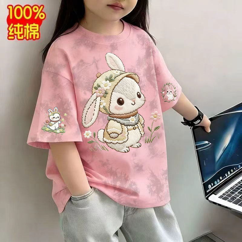 可爱小兔子莉夏季新款纯棉短袖仿刺绣儿童T恤女童休闲百搭T恤上衣
