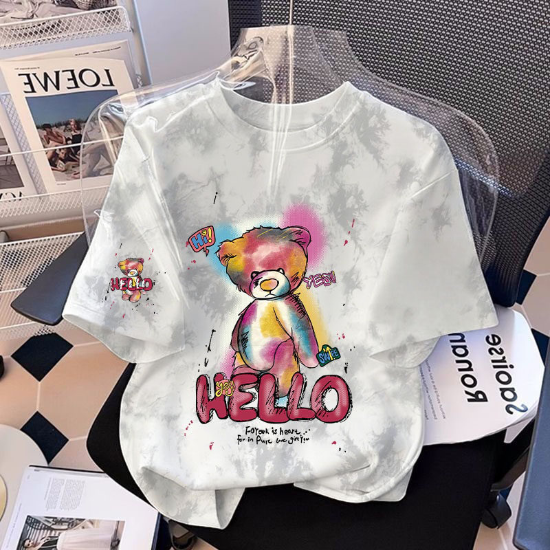 2026新款潮流仿刺绣小熊印花短袖T恤男童夏季帅气休闲儿童装上衣