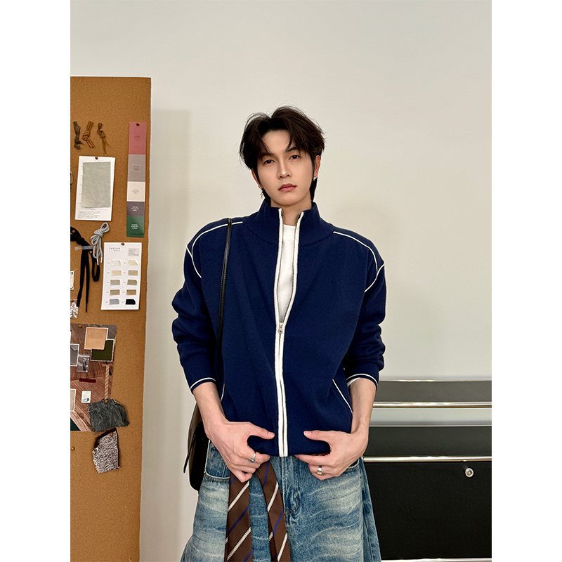 3CP 叁贰叁 运动风撞色设计感秋冬针织毛衣立领百搭拼边休闲外套