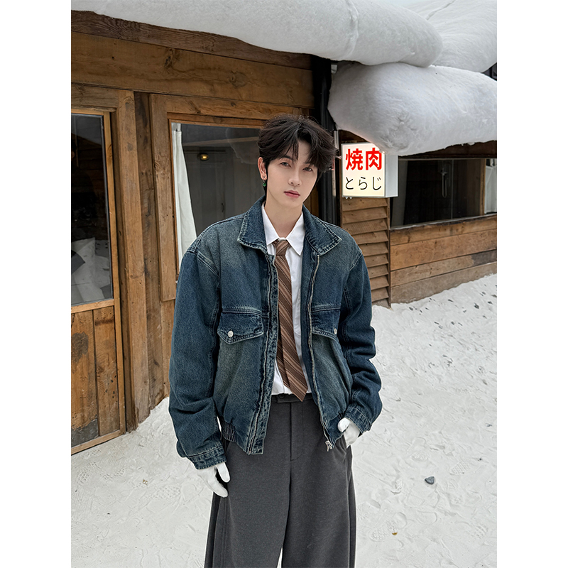 3CP 叁贰叁 新款美式复古牛仔羽绒服双面穿设计感保暖夹克外套潮