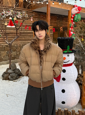 3CP 叁贰叁 美式双面穿豹纹环保毛收腰90白鸭羽绒夹克外套