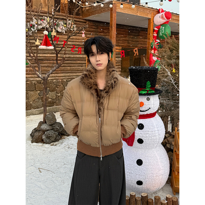 3CP 叁贰叁 美式双面穿豹纹环保毛收腰90白鸭羽绒夹克外套