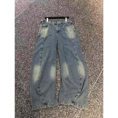 美式复古做旧弯刀阔腿显瘦牛仔裤
