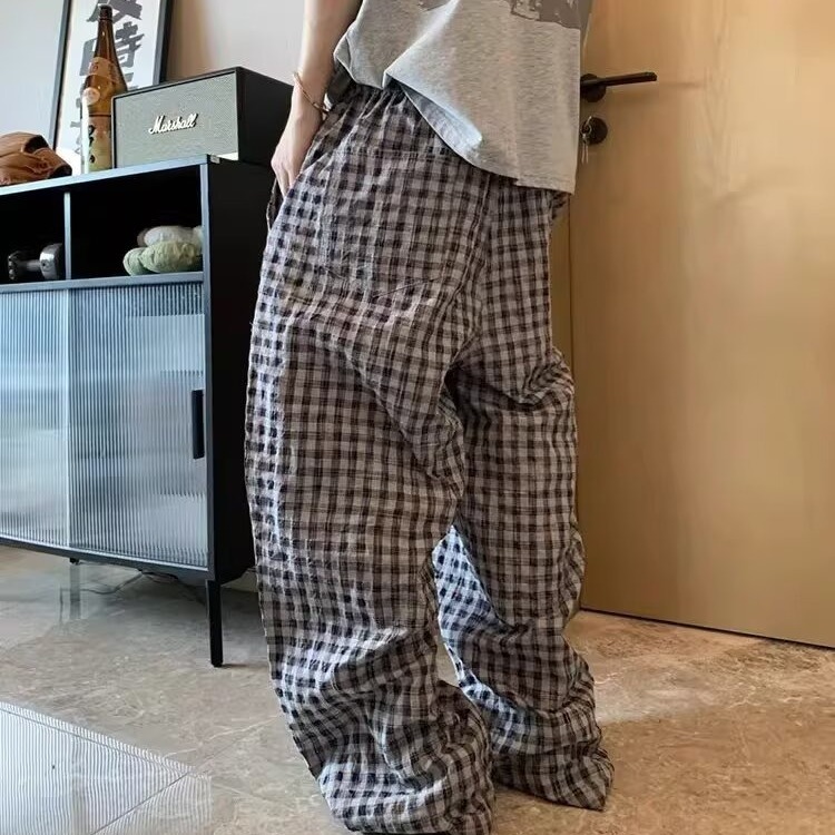 复古格子纹长裤夏季速干百搭休闲裤男日常穿搭直筒宽松薄款阔腿裤