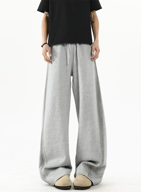 美式高街潮牌时尚灰色弯刀裤男秋季侧条纹设计直筒抽绳休闲长裤子